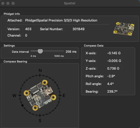 Spatial channel view with the calibrated compass bearing, pitch and roll angles