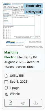 A Maritime Electric electricity bill in paperless-ngx with correspondent, document type and owner already assigned