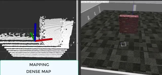 RViz building a dense white point map slice by slice while the drone sweeps the room in Gazebo