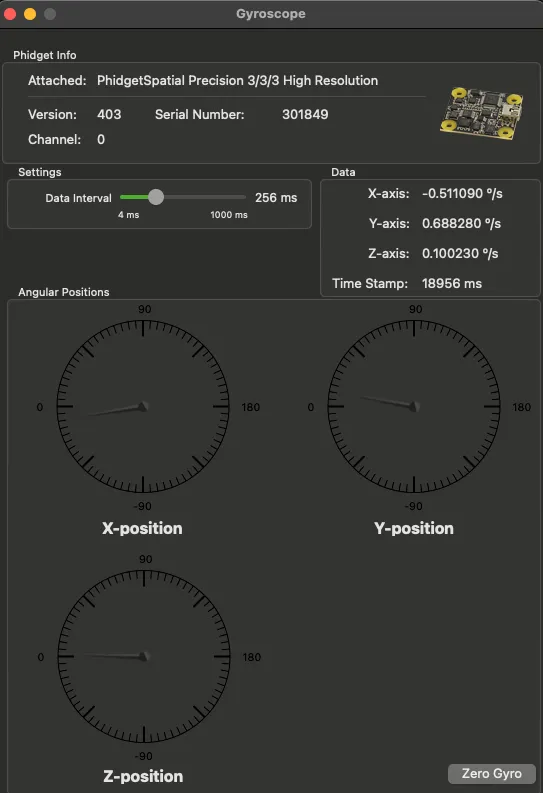 Gyroscope channel view at rest: angular velocity near 0 deg/s on all axes