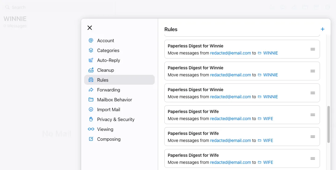 iCloud Mail server-side rules moving recurring senders into the family mailboxes