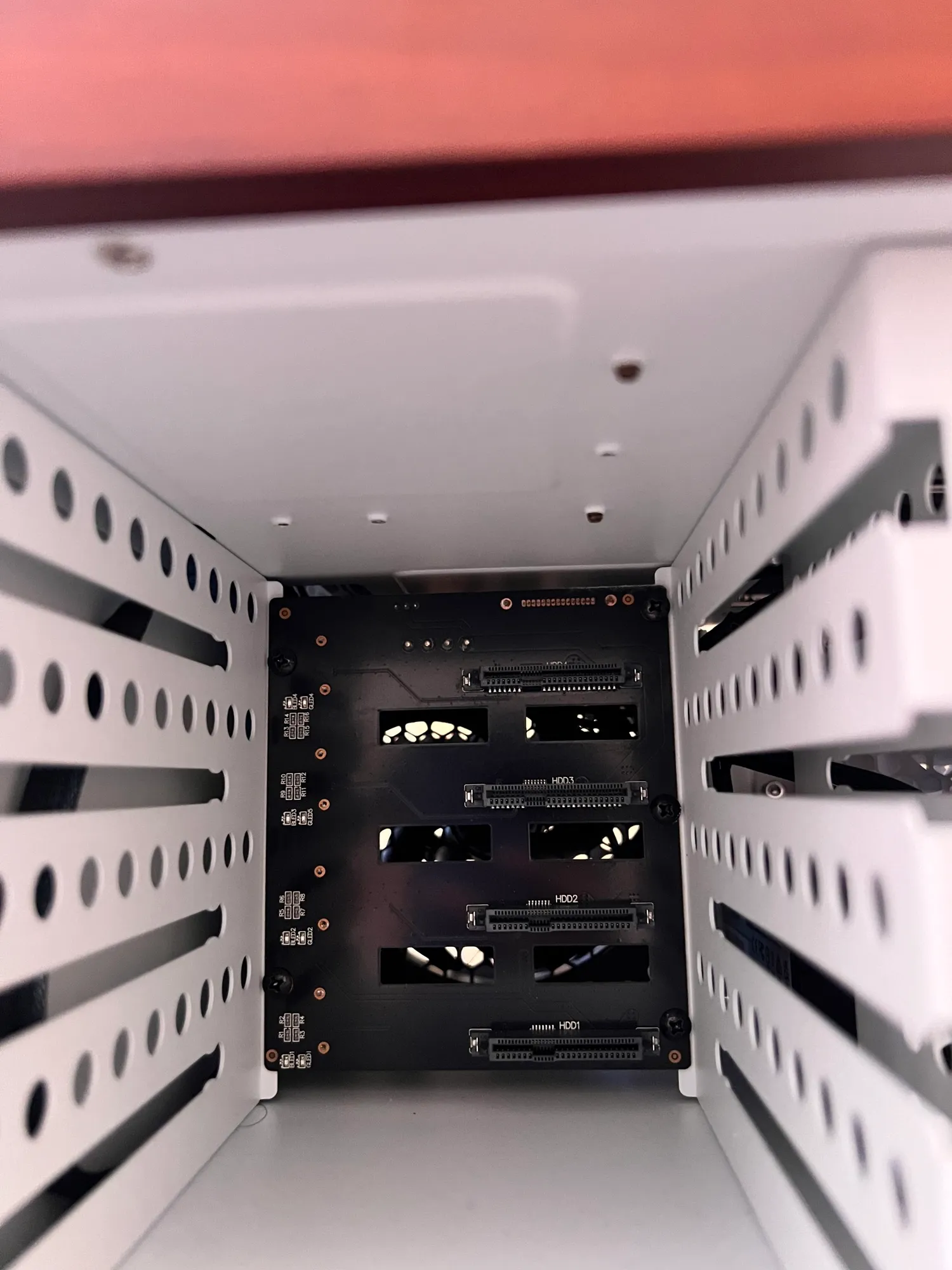 The N4's drive backplane behind the hot-swap bays