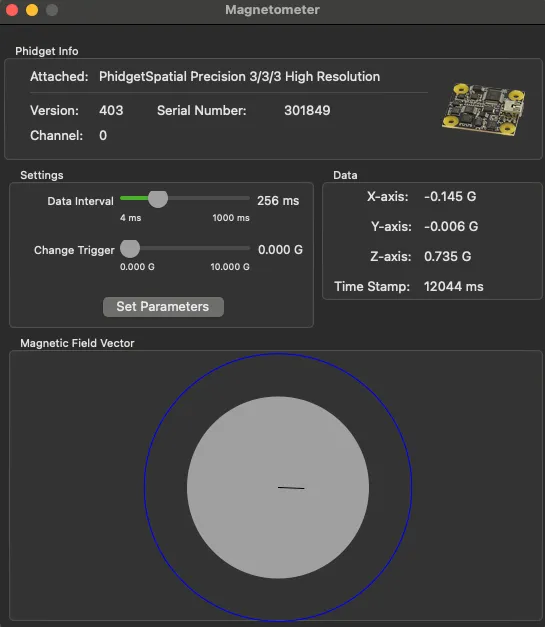 Magnetometer channel view showing the raw magnetic field vector before calibration