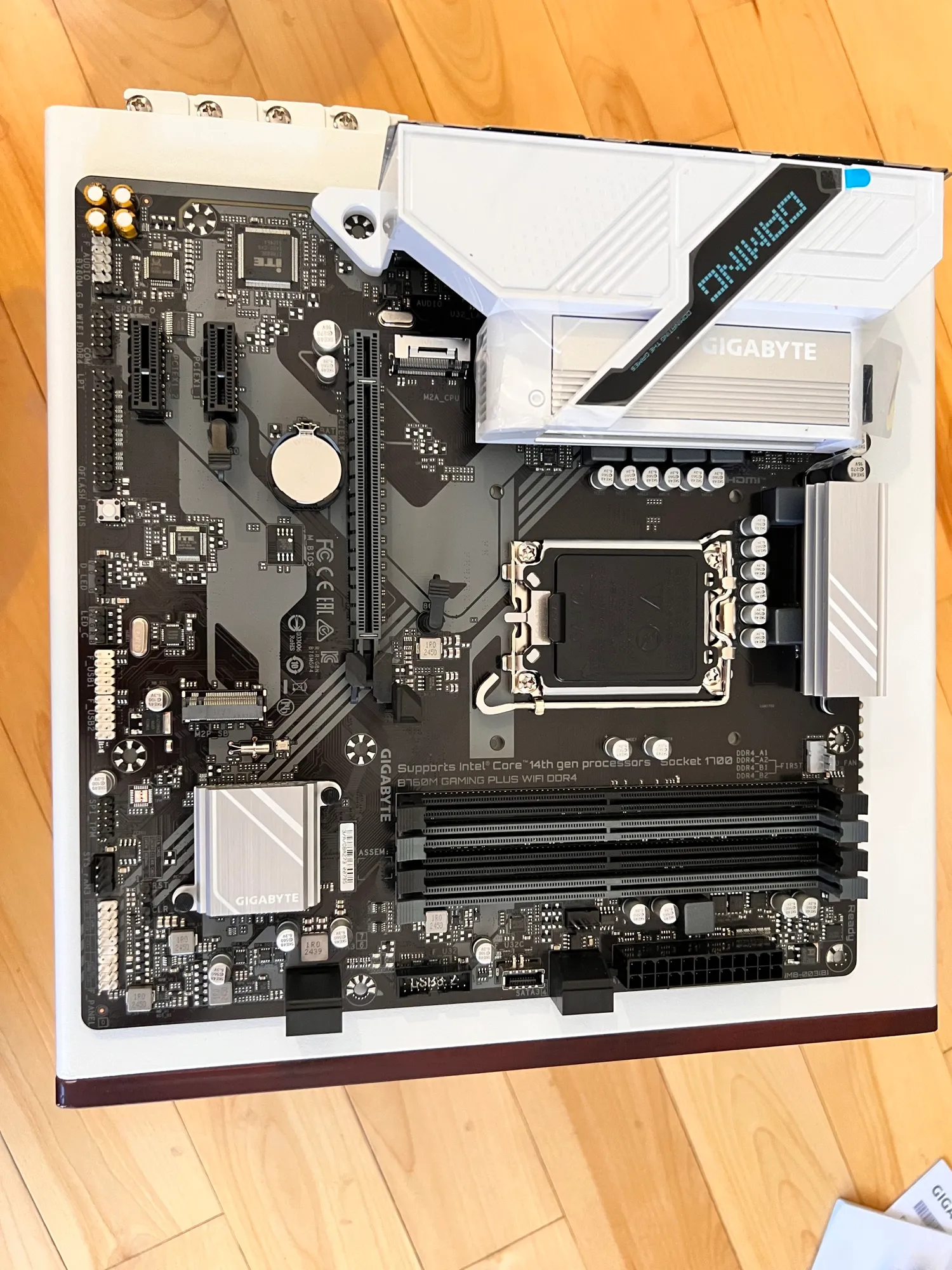 The Gigabyte B760M Gaming Plus WiFi DDR4 on its box before anything touched it