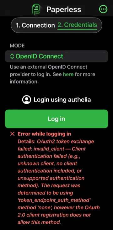 QuickScan in OpenID Connect mode failing its token exchange against Authelia