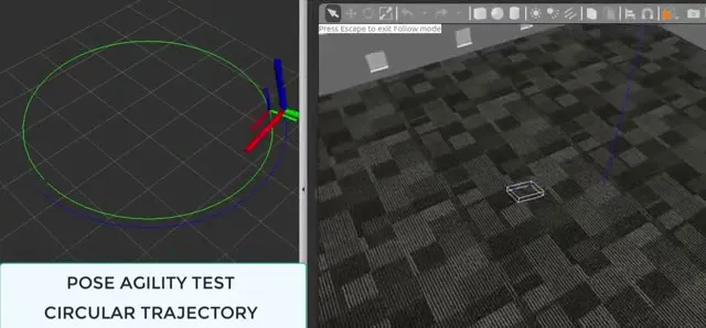 RViz tracing a circular trajectory with the drone's pose axes while the drone flies the circle in Gazebo