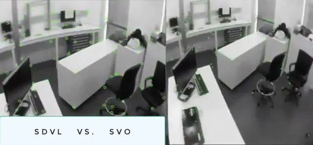 Split screen comparing SDVL and SVO running on the same real office footage
